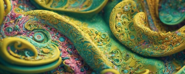 a close up of a green and yellow fabric