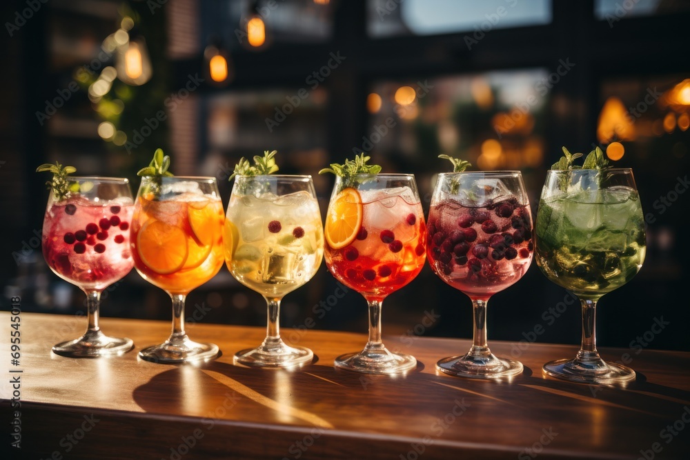 Poster a row of wine glasses filled with different types of drinks and garnished with green and red berries