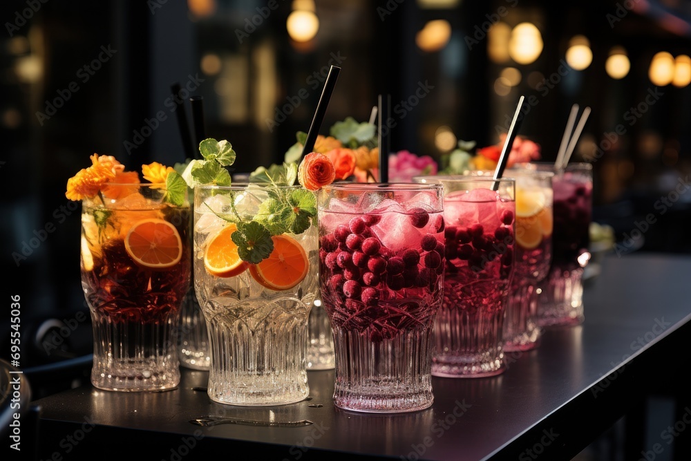 Poster a row of glasses filled with different types of fruit and veggies next to each other on a table in f
