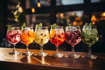 a row of wine glasses filled with different types of drinks and garnished with green and red berries, sitting on a wooden table in a dimly lit room.