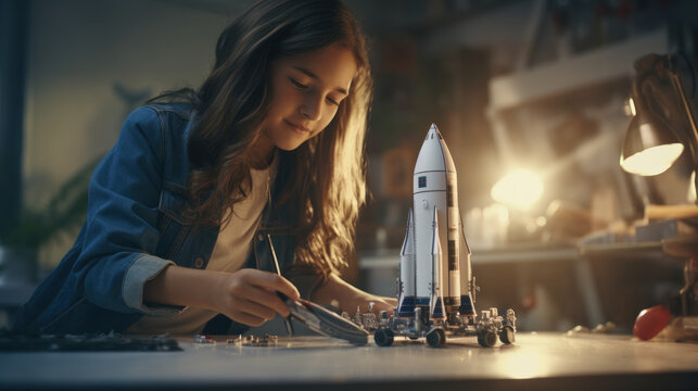 A girl building a model rocket inspired by female astronauts.