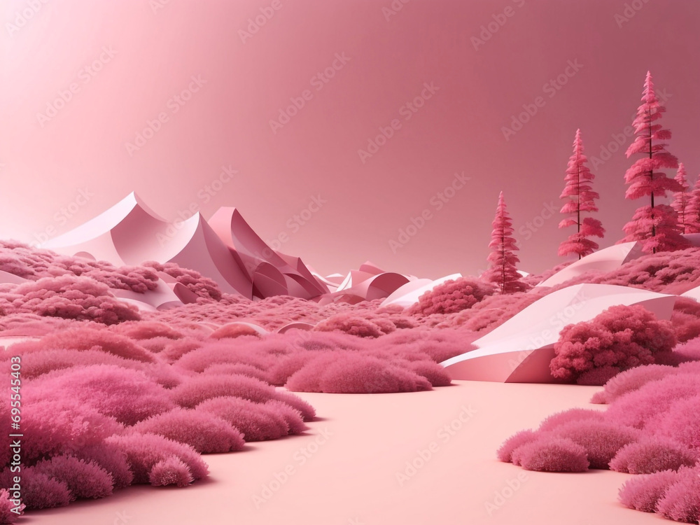 Sticker landscape with snow and trees pink color