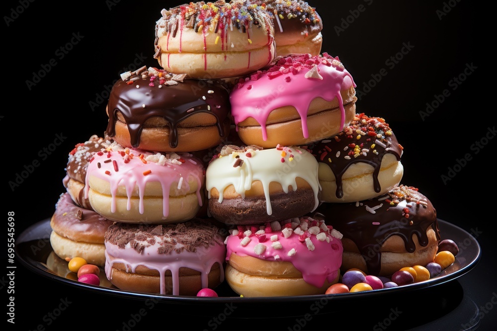 Poster a pile of doughnuts sitting on top of a black plate covered in frosting and sprinkles on top of each