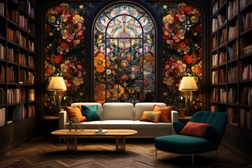 Unwind in a cozy reading corner where the 3D intricate colorful pattern on the walls adds a touch of modern elegance to literary escapes. - obrazy, fototapety, plakaty