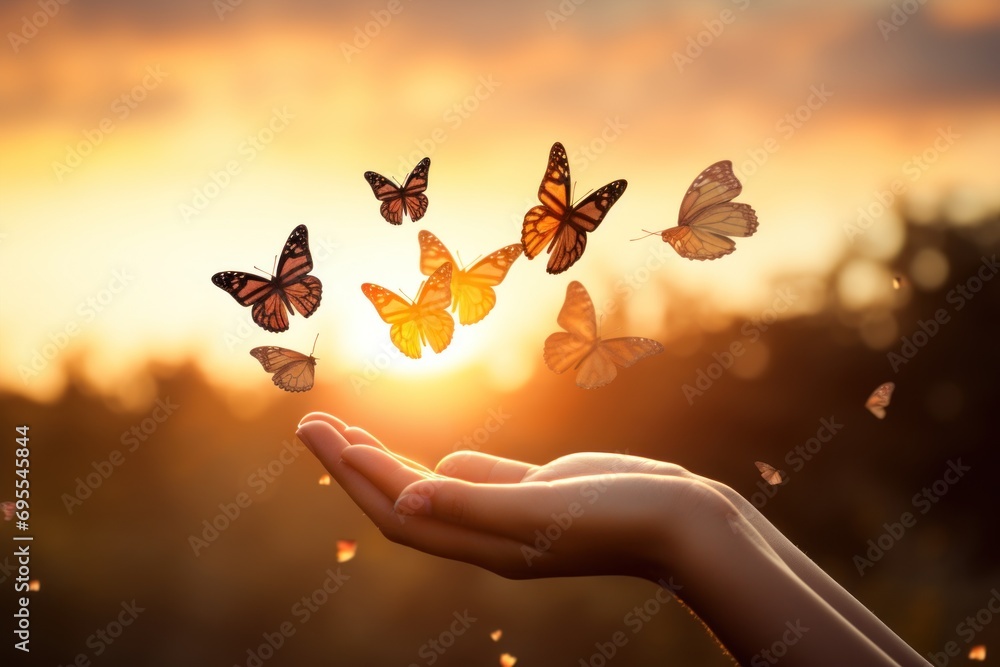 Poster a person's hand holding a group of butterflies in front of a setting sun with trees in the foregroun
