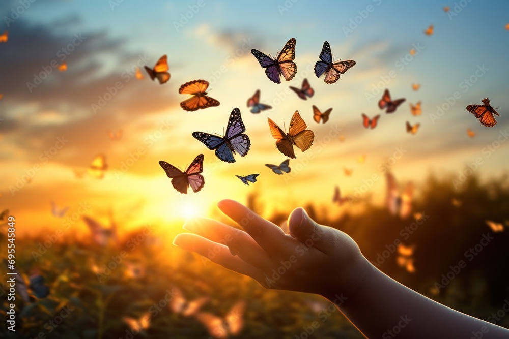 Poster a person's hand reaching out towards a cluster of butterflies flying in the air over a field of gras