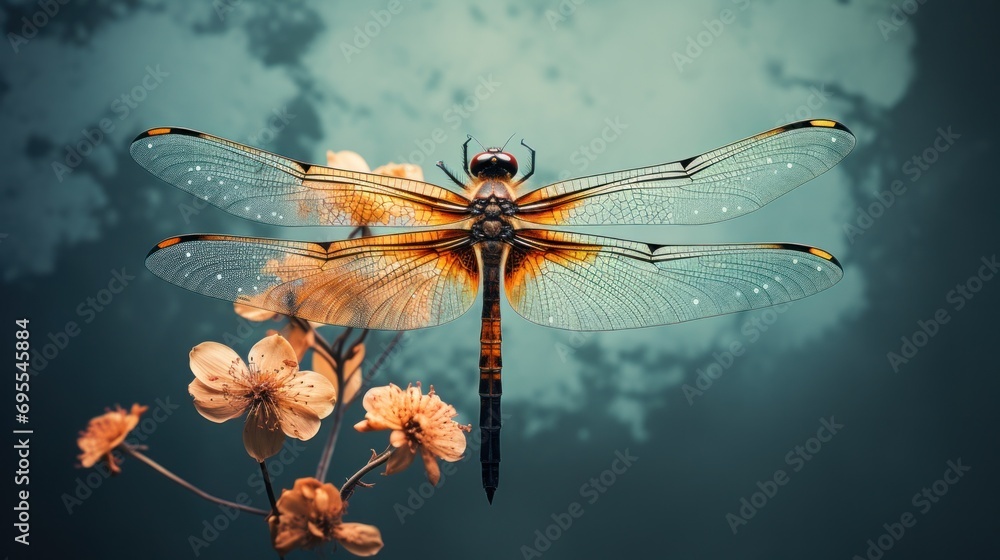 Poster A dragonfly with orange and black wings sitting on a flower, AI