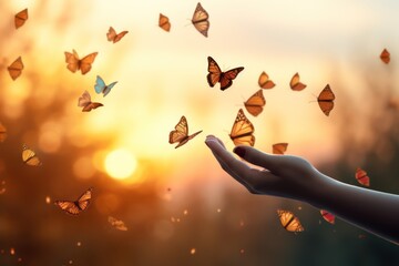  a person's hand reaching out towards a group of butterflies flying in the air over a field of...