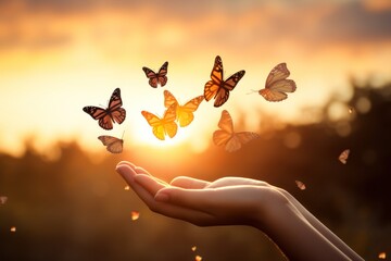  a person's hand holding a group of butterflies in front of a setting sun with trees in the foreground and a silhouette of a forest in the background. - Powered by Adobe