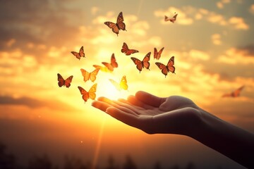  a person's hand holding a cluster of butterflies in front of a bright sky with the sun shining through the clouds and the sun in the middle of the foreground.