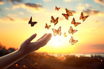  a person's hand reaching out towards a group of butterflies that are flying in the air over a body of water with a setting sun in the distance in the background. - Powered by Adobe