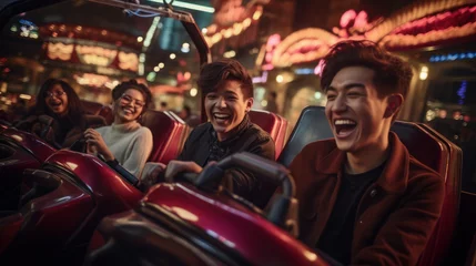 Deurstickers A group enjoying a laughter-filled bumper car ride. © Denis Bayrak