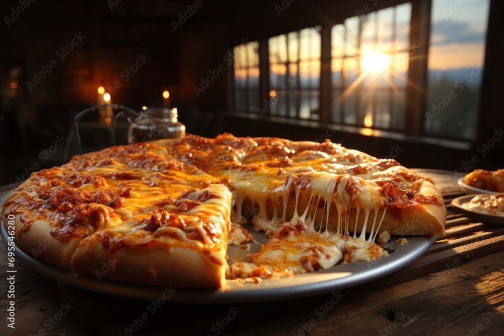 Poster a pizza sitting on top of a pan on top of a table next to a plate with a slice taken out of it and a