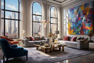Fototapeta na wymiar Wall-to-wall windows showcase a breathtaking cityscape backdrop, complementing the 3D intricate colorful patterns on the bespoke furniture in a high-end living room.