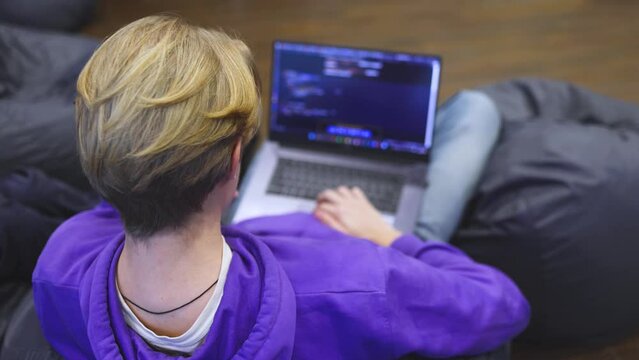 Software developer students in auditorium hall working on computer and laptop, programming contest hackathon competition, pc with coding program app, competitive programming for software engineer