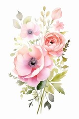 Beautiful elegant postcard with watercolor flowers on the white background. Wedding concept