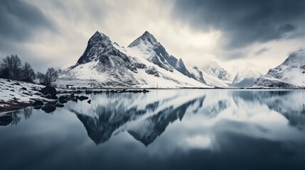 The mountain reflection in the cold lake under the cloudy sky is a beautiful shot - obrazy, fototapety, plakaty