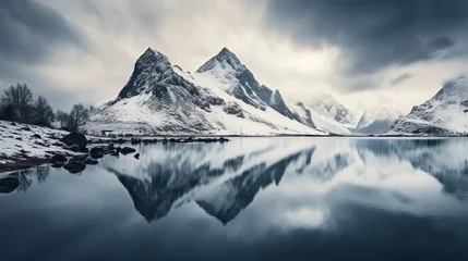 Abwaschbare Fototapete Berge The mountain reflection in the cold lake under the cloudy sky is a beautiful shot