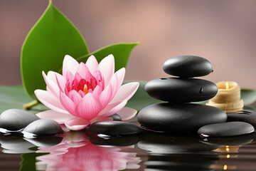 Luxurious upscale wellness spa for relaxation with lotus, bamboo and orchid flowers and candles