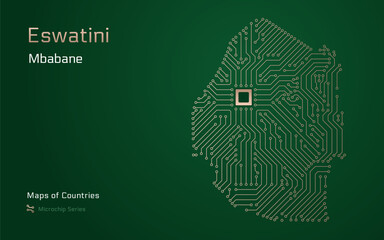 Abstract Map of Eswatini in a Microchip Pattern with Processor in Capital of Mbabane. E-government. World Countries vector maps. Microchip Series