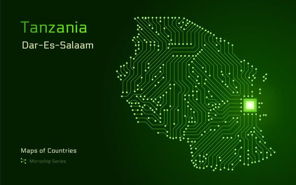 Tanzania Map with a Largest city of Dar es Salaam, and capital Dodoma, Shown in a Microchip Pattern with processor. E-government. World Countries vector maps. Microchip Series