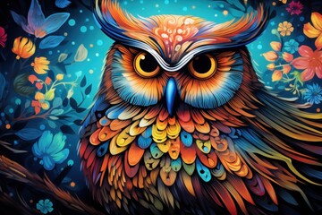 colorful owl in the night with open eyes on blue fantastic background - obrazy, fototapety, plakaty