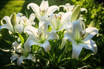  a close up of a bunch of white lilies in a field with grass in the back ground and a green bush in the front of the picture in the foreground.