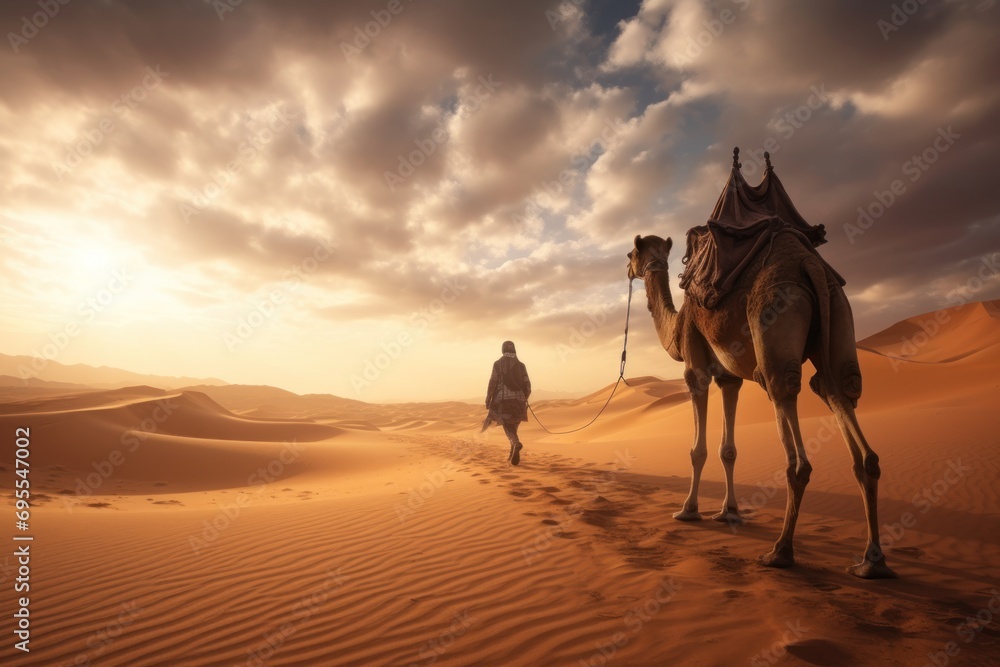 Aufkleber a man walking in the desert with a camel in the foreground and a man in the background walking in th