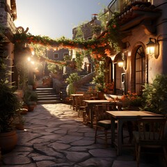 Fototapeta na wymiar Street in the old town with flowers and lights. 3d rendering