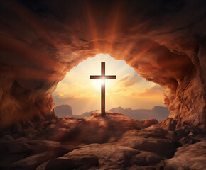 Sun shining on a cross in front of a tomb - obrazy, fototapety, plakaty