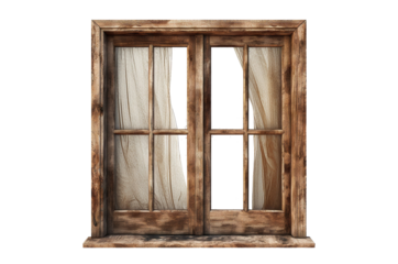 Old wooden window with curtains, cut out