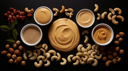 An artistic composition highlighting the versatility of cashews in culinary creations, including cashew butter, cashew milk, and cashew-infused dishes.