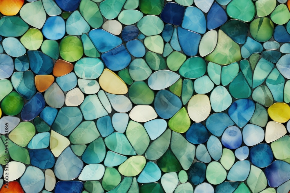 Poster a close up of a stained glass window with many different colors of glass on the outside of the windo