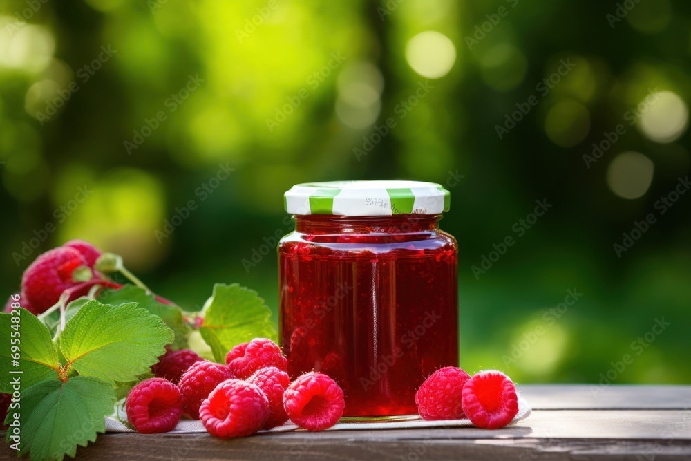 Aufkleber  a jar of raspberry jam sitting on a table next to raspberries and a leaf of raspberry on a wooden table with a blurry background.