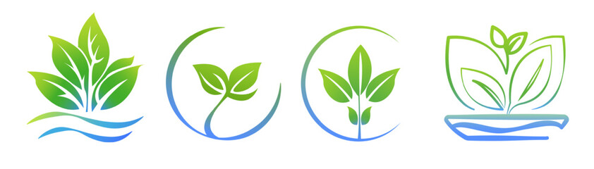 Hydroponics aeroponic logo template set 4 in 1, health food icon, organic vegetable garden. Eco-friendly growing. leaves, leaf logo. Vector illustration