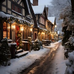 Snowy street in the old town of Strasbourg, France.
