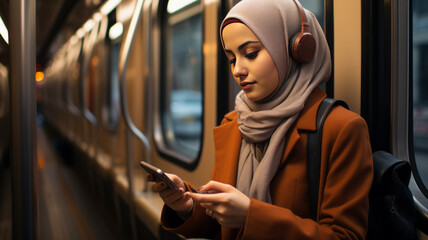 young girl wearing hijab waiting a train holding a phone, generative ai