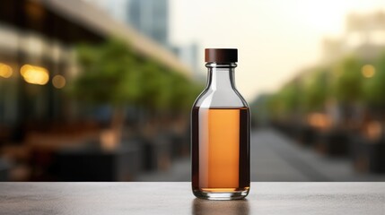 A glass bottle on a table.