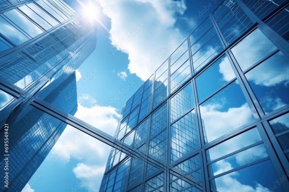 Poster a very tall building with a lot of windows on it's sides and a bright blue sky in the background wit