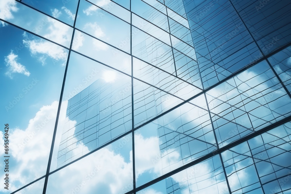 Aufkleber the reflection of a building in the glass windows of another building with a blue sky and white clou