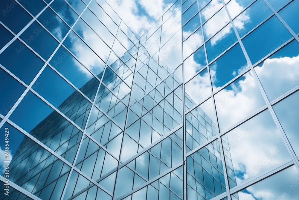 Poster a close up of a glass building with a blue sky and clouds in the background and a few clouds in the 