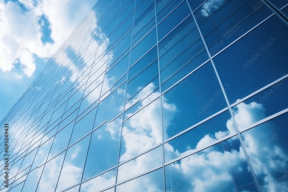 Poster a very tall building with a lot of windows on it's side and a blue sky with clouds reflected in the 