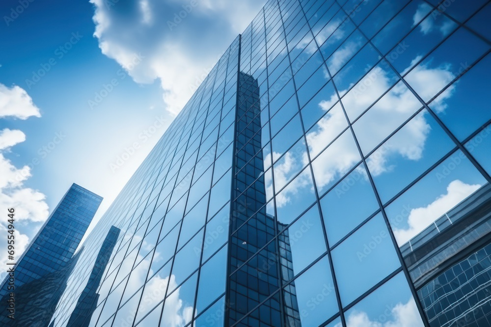 Poster a very tall building with a lot of windows in front of a blue sky with a lot of clouds in the middle