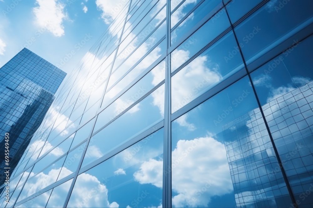 Poster a very tall building with a lot of windows on it's side and clouds in the sky in the reflection of t