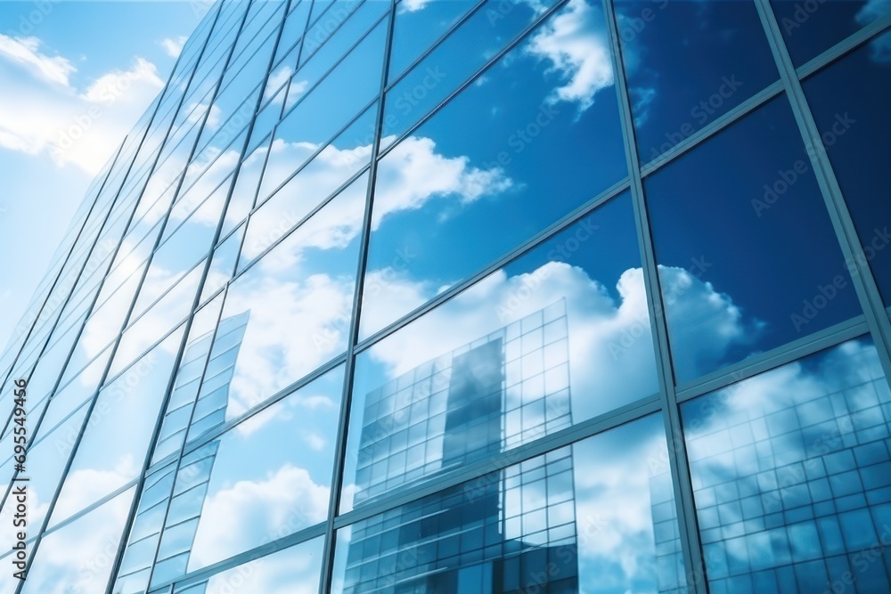 Poster the reflection of a building in the windows of another building with a blue sky and clouds reflected