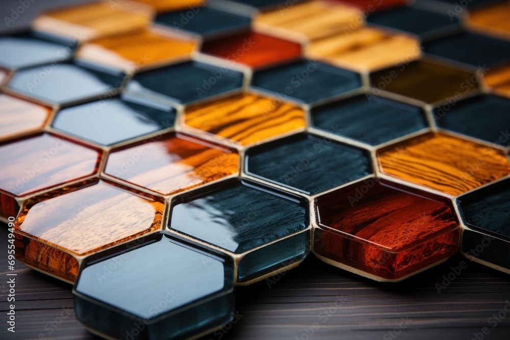 Poster a close up of a multicolored glass tile on a wooden table with a wood grain pattern in the middle of