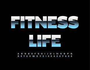 Fototapeta na wymiar Vector Silver Icon Fitness Life. Exclusive Metallic Font. Steel Alphabet Letters and Numbers set.