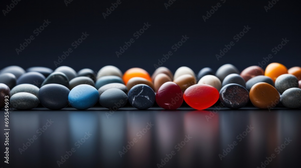 Poster a row of colorful stones arranged in a line on top of each other, ai