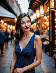 photo of beautiful woman with print sleeveless dress and big red lips and blue eyes at europe street, generative AI