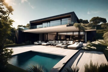 Fototapeta premium A contemporary villa with a sprawling outdoor terrace, offering panoramic views of the surrounding landscape.
